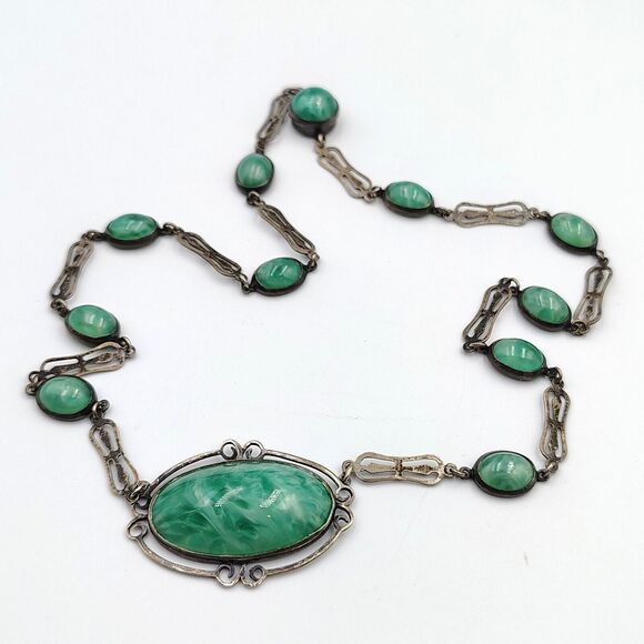 Vintage Sterling Silver 925 Green Pekin Glass Art Deco Necklace 16" - Picture 1 of 16